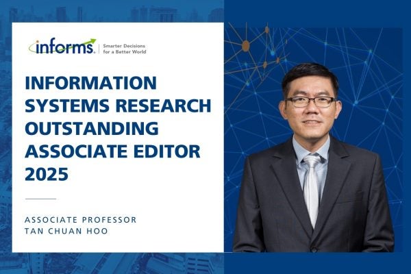 Associate Professor Tan Chuan Hoo from the National University of Singapore on being named Outstanding Associate Editor by Information Systems Research (INFORMS)